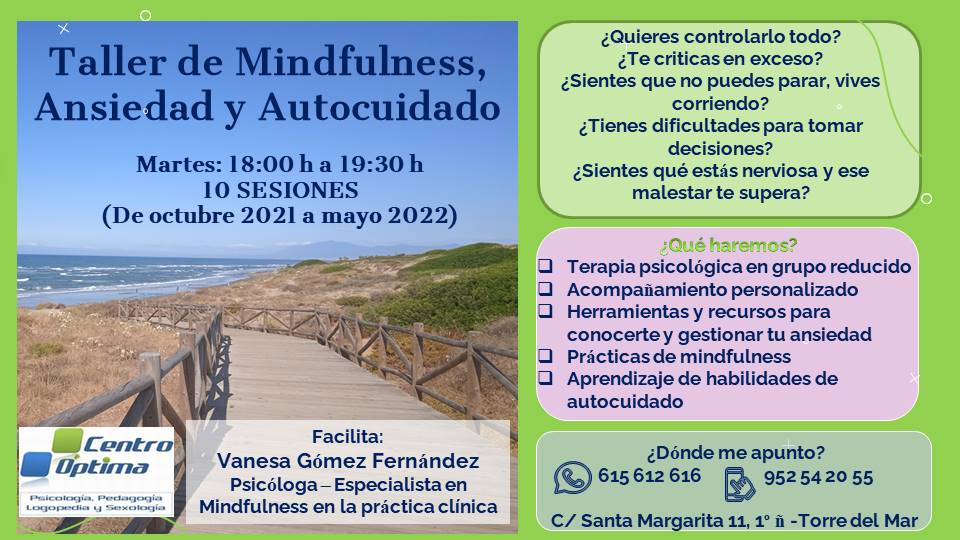 TALLER DE MINDFULNESS, ANSIEDAD Y AUTOCUIDADO, Centro Óptima